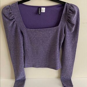 H&M divided Purple Puff Sleeve Fitted Blouse shirt top cropped sparkly small